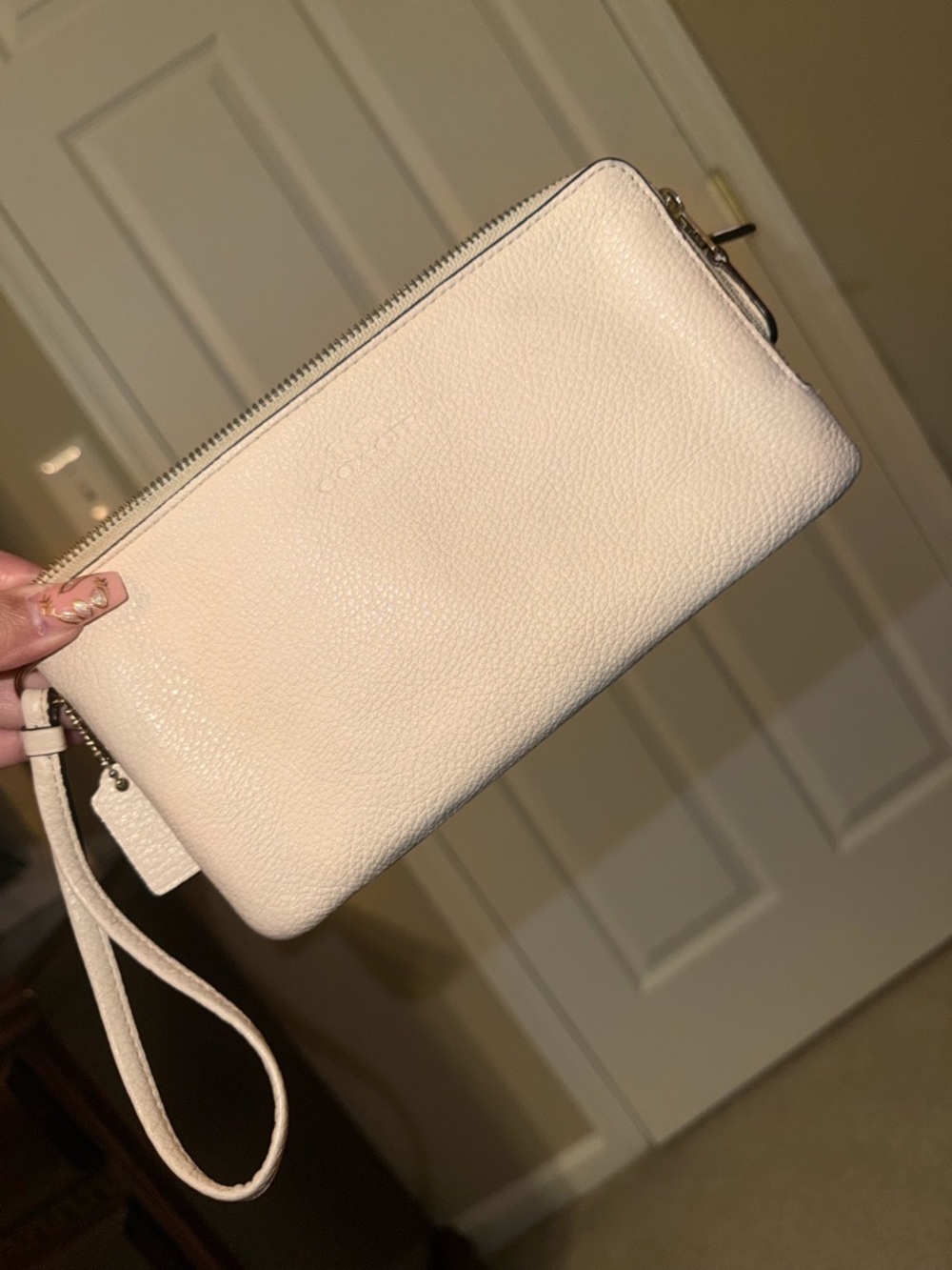 Coach Pebbled Leather Wristlet Clutch in Light Cream